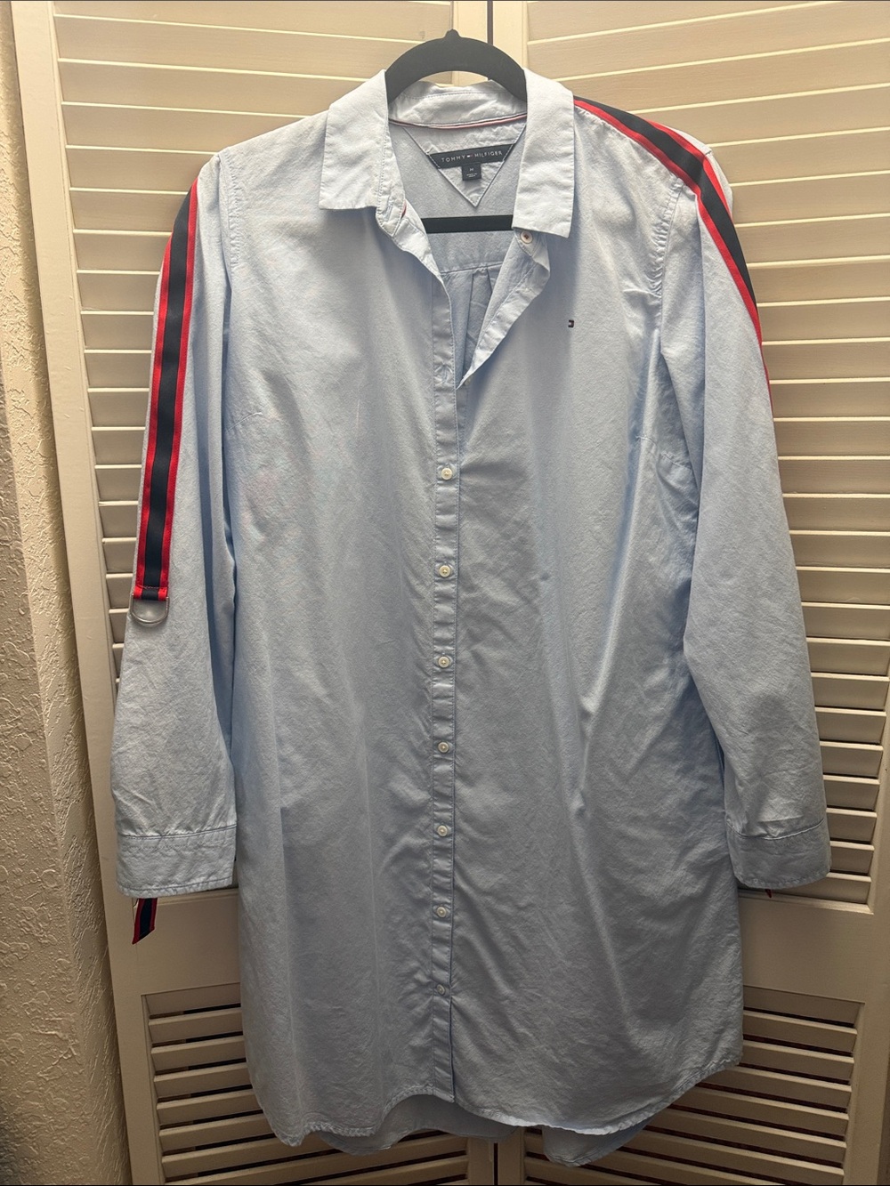 Tommy Hilfiger Light Blue Shirt Dress with Red & Navy Shoulder Stripes